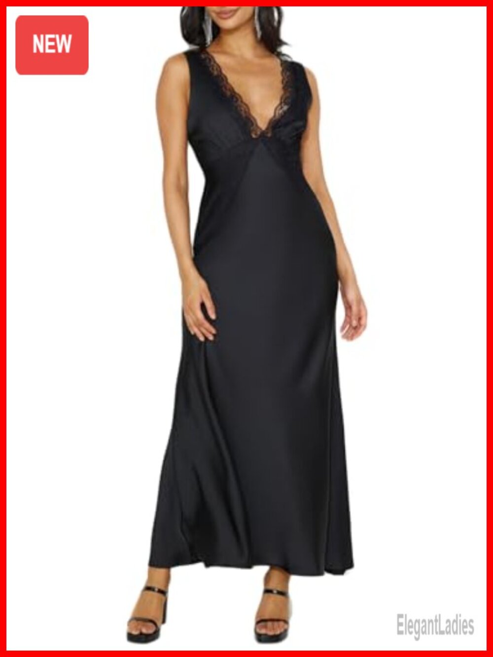 Satin Lace V Neck Backless Sleeveless Maxi Formal Wedding Guest Dress